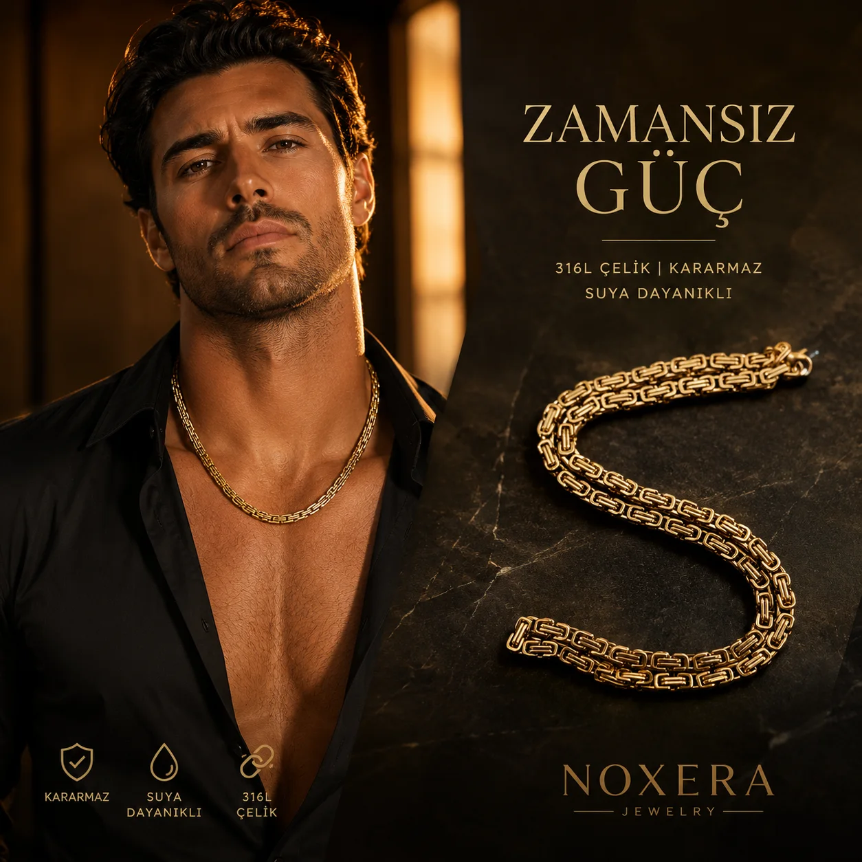 Noxera Atlas Gümüş Çelik Kral Zincir Kolye