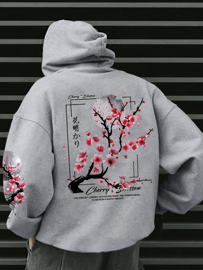 Cherry Blossom Print Fleece-Lined Hoodie