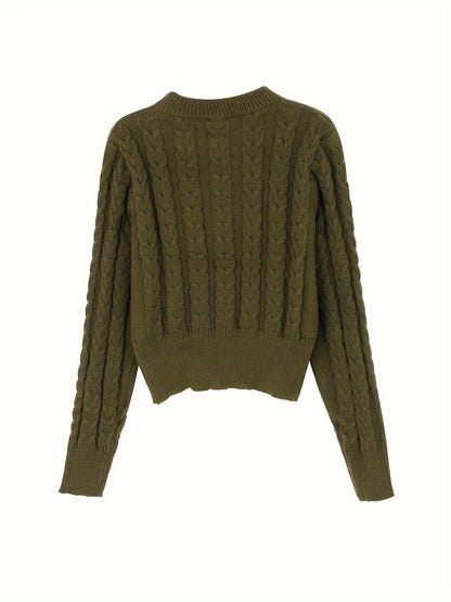 Solid Crew Neck Cable Knit Sweater