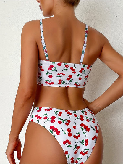 Fruit Cherry Flat Chest Buckle Bikini Set