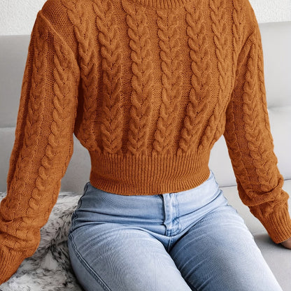 Solid Crew Neck Cable Knit Sweater