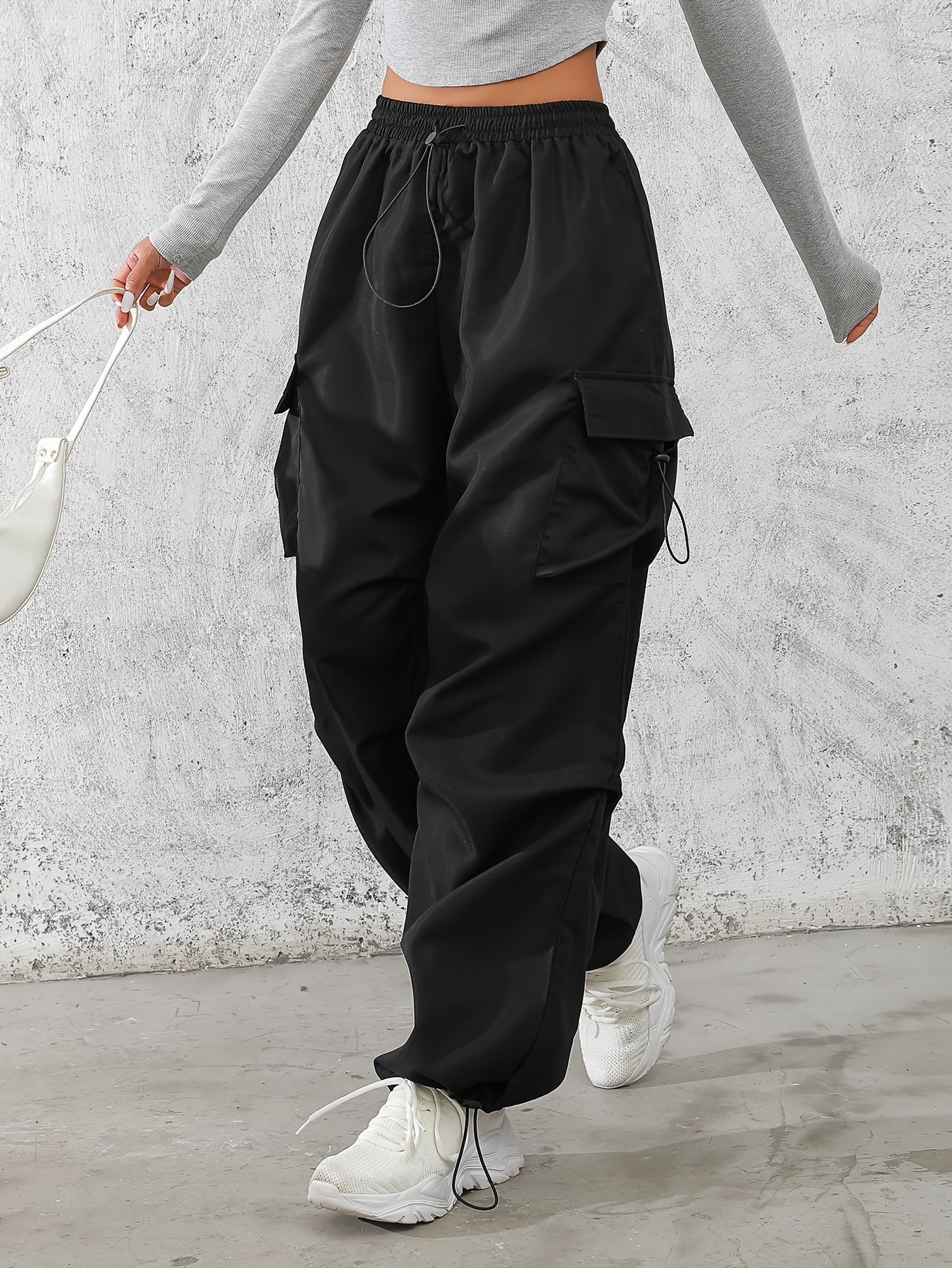 Solid Color Drawstring Baggy Cargo Pants