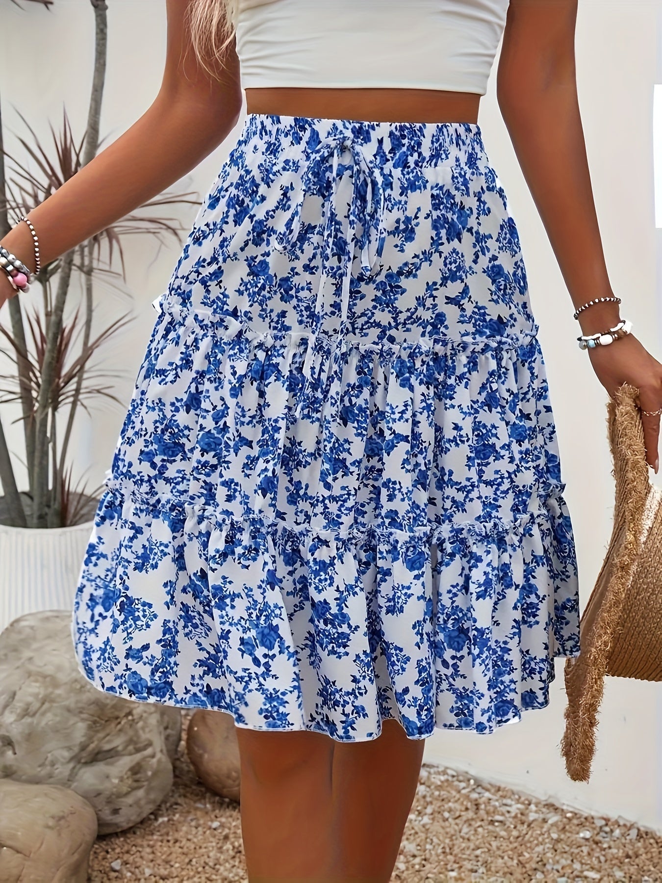 Vacation Style Floral Print Tiered Skirt