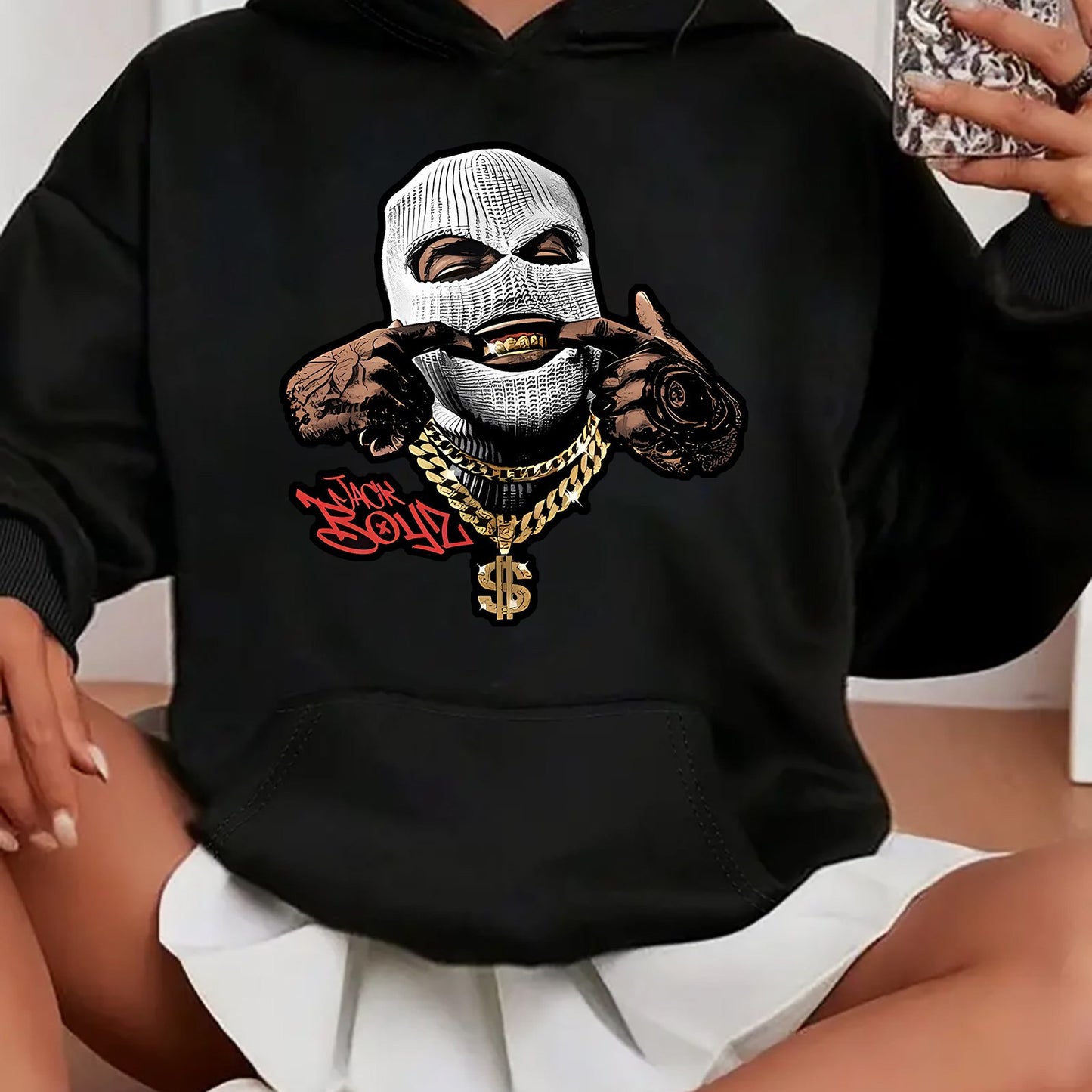 Trendy Hoodie with Unique Smiling Bandit Print