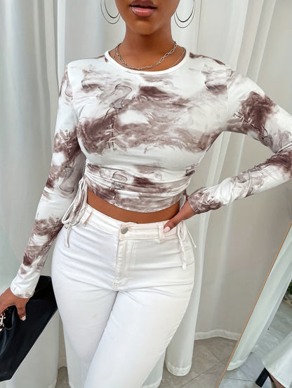 Elegant Marble Print Tie-Front Crop Top T-Shirt