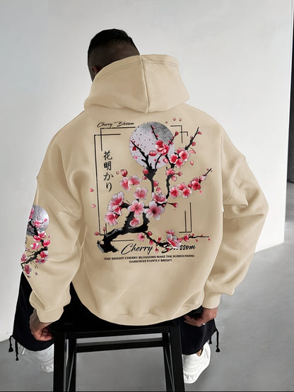 Cherry Blossom Print Fleece-Lined Hoodie