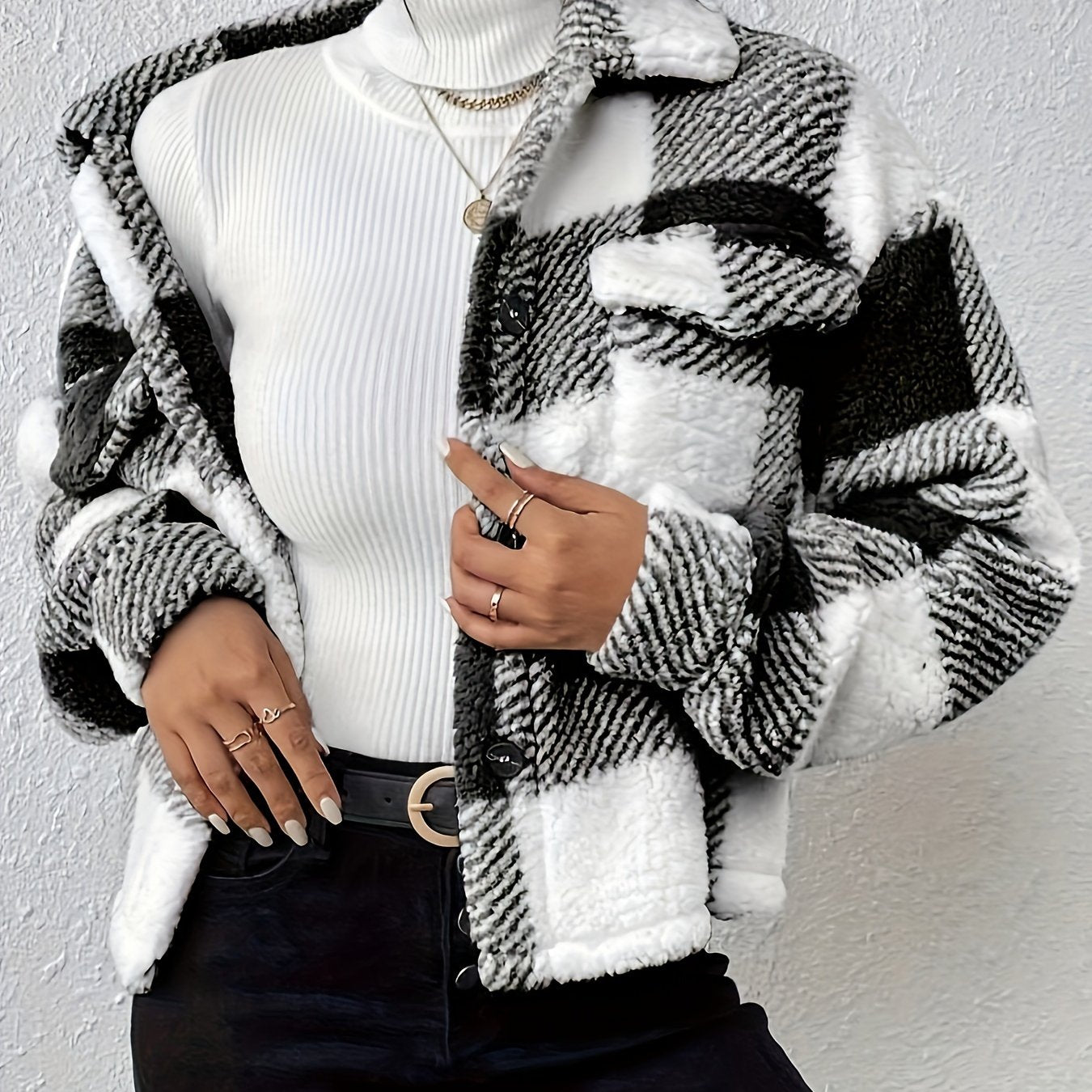 Plaid Button Front Teddy Coat