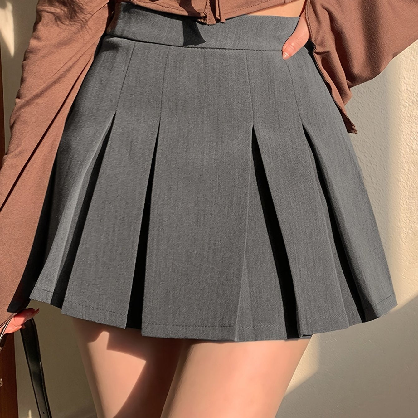 Casual Preppy Style Solid Color Pleated Skirt