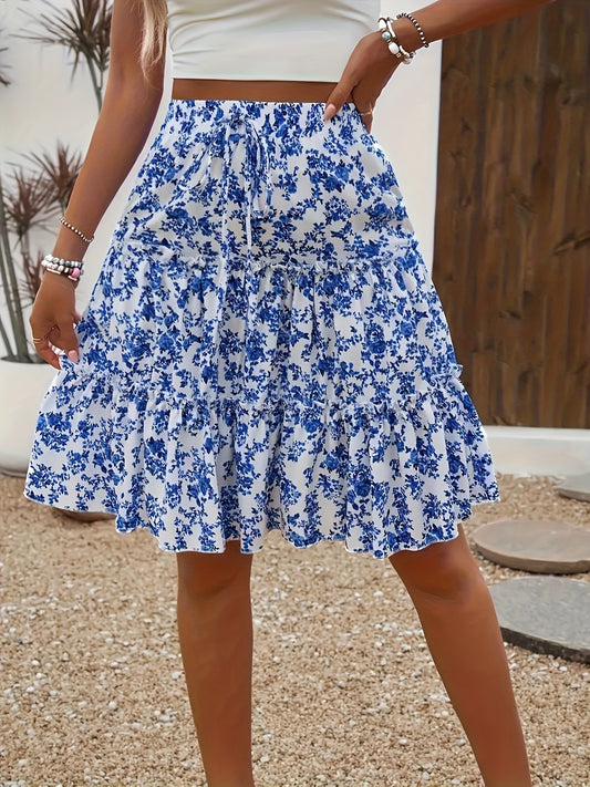 Vacation Style Floral Print Tiered Skirt