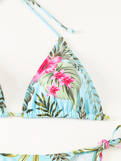 Chic Tropical Floral & Leaf Print Bikini Set