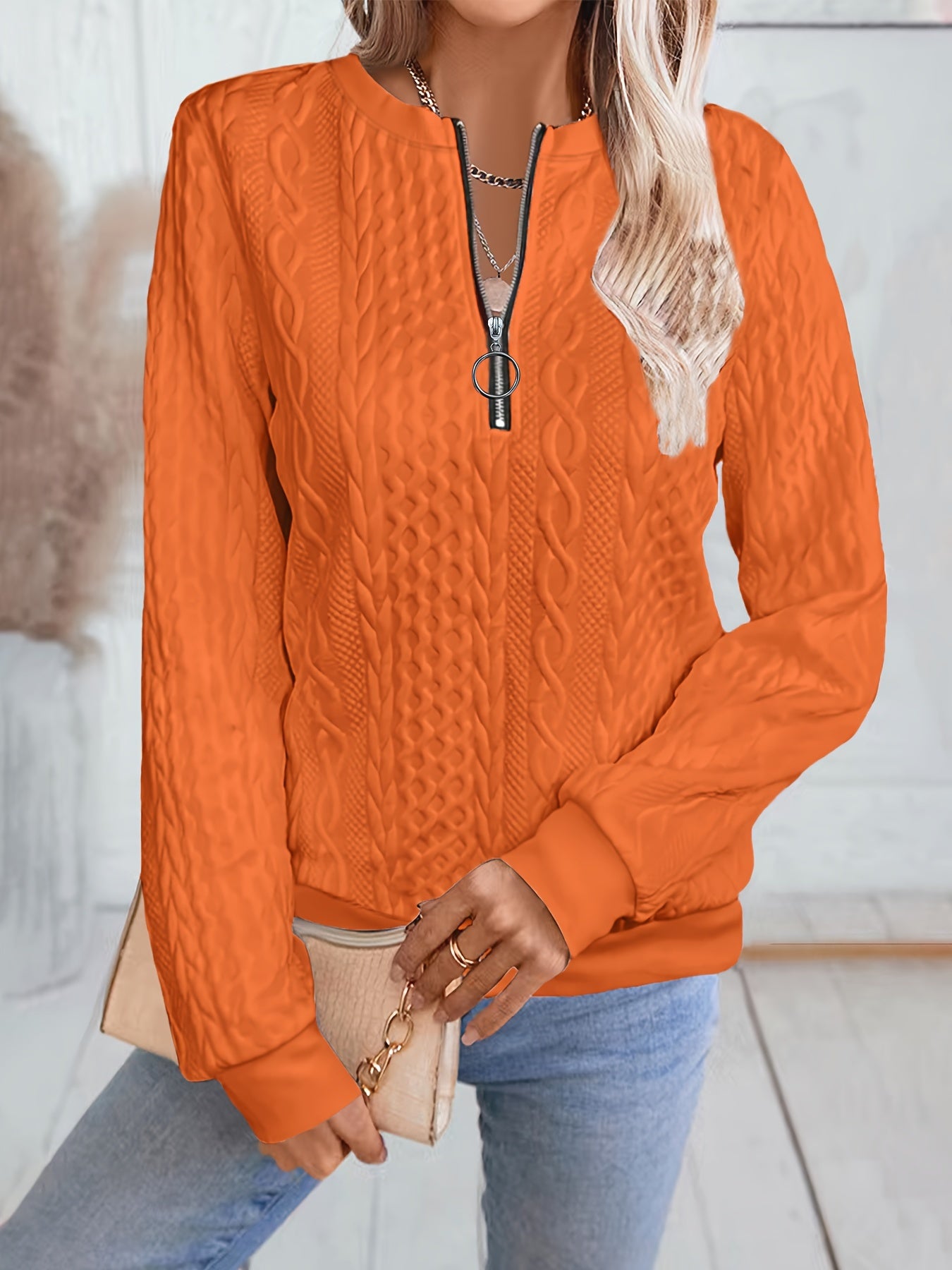 Textured Zipper Pullover Sweatshirt