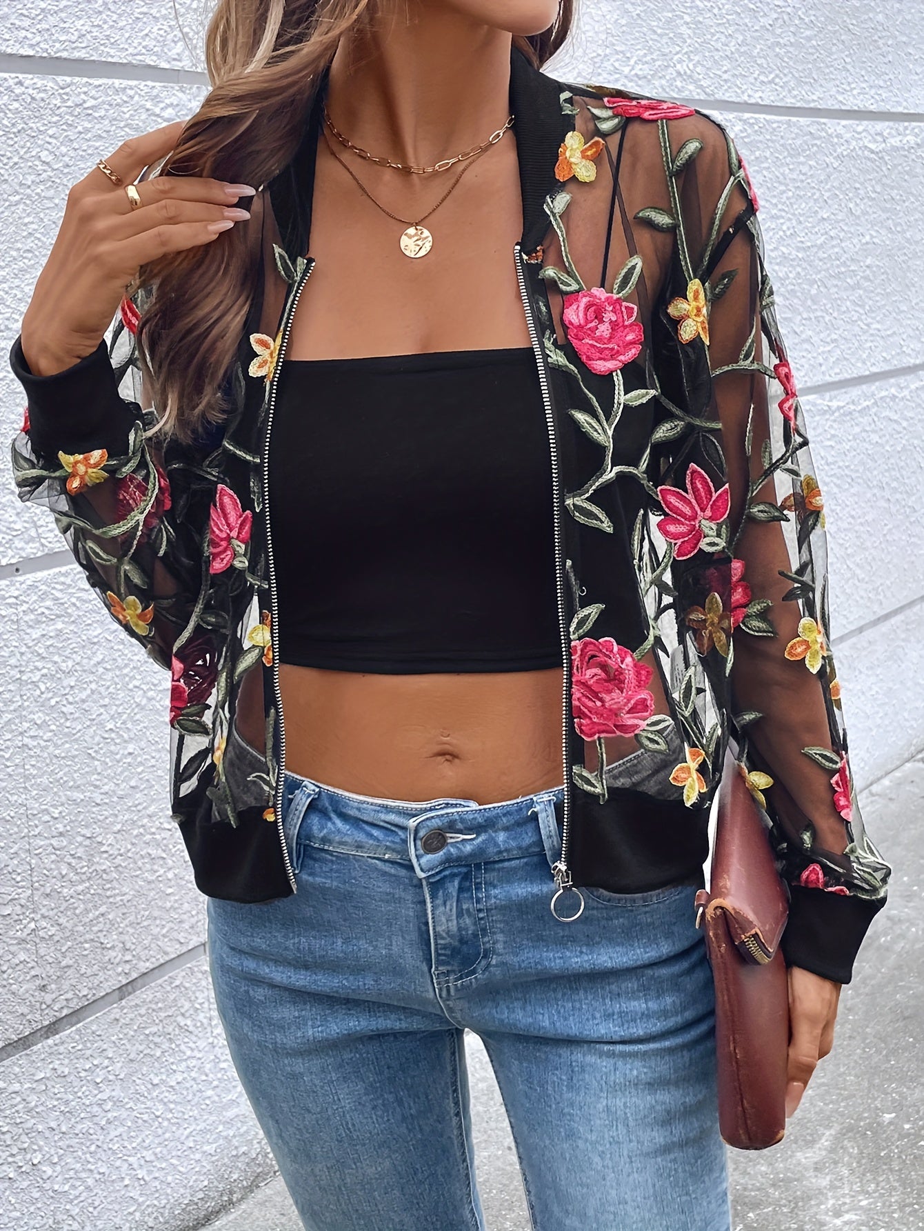 Floral Embroidered Full Zipper Jacket