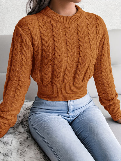 Solid Crew Neck Cable Knit Sweater