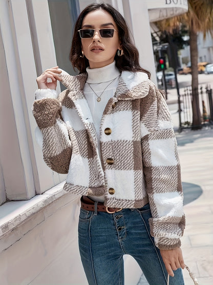 Plaid Pattern Button Front Teddy Coat