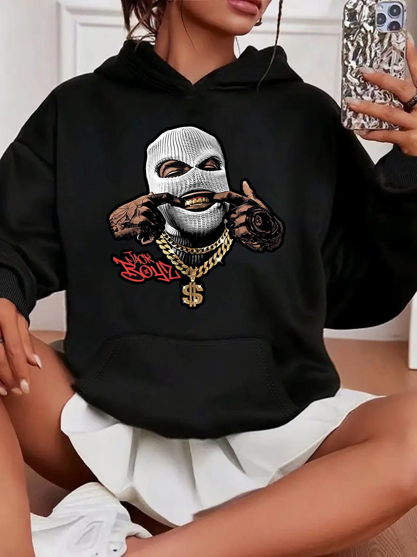 Trendy Hoodie with Unique Smiling Bandit Print