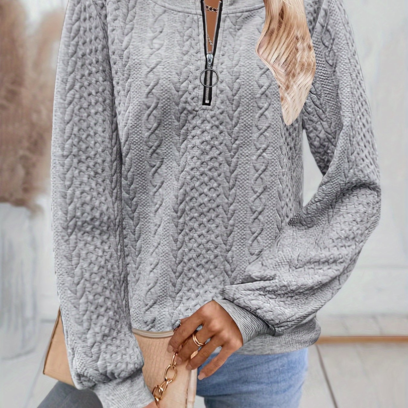 Textured Zipper Pullover Sweatshirt