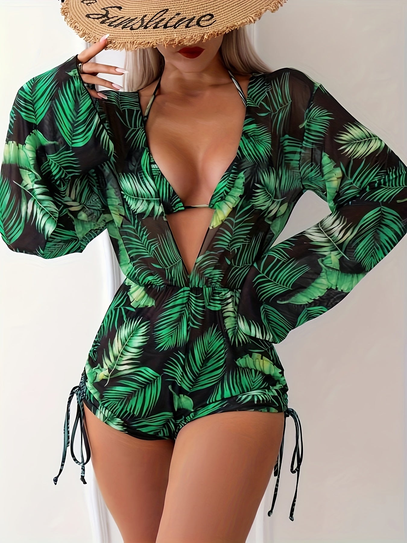 Leaf Print 3-Piece Bikini Set