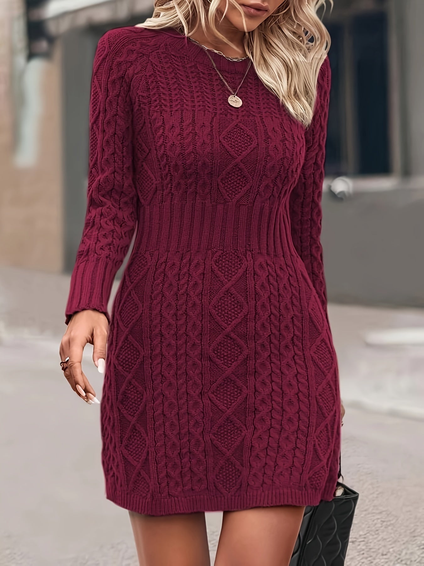 Cable Knit Crew Neck Sweater Dress