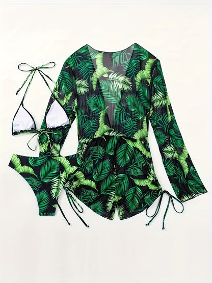 Leaf Print 3-Piece Bikini Set