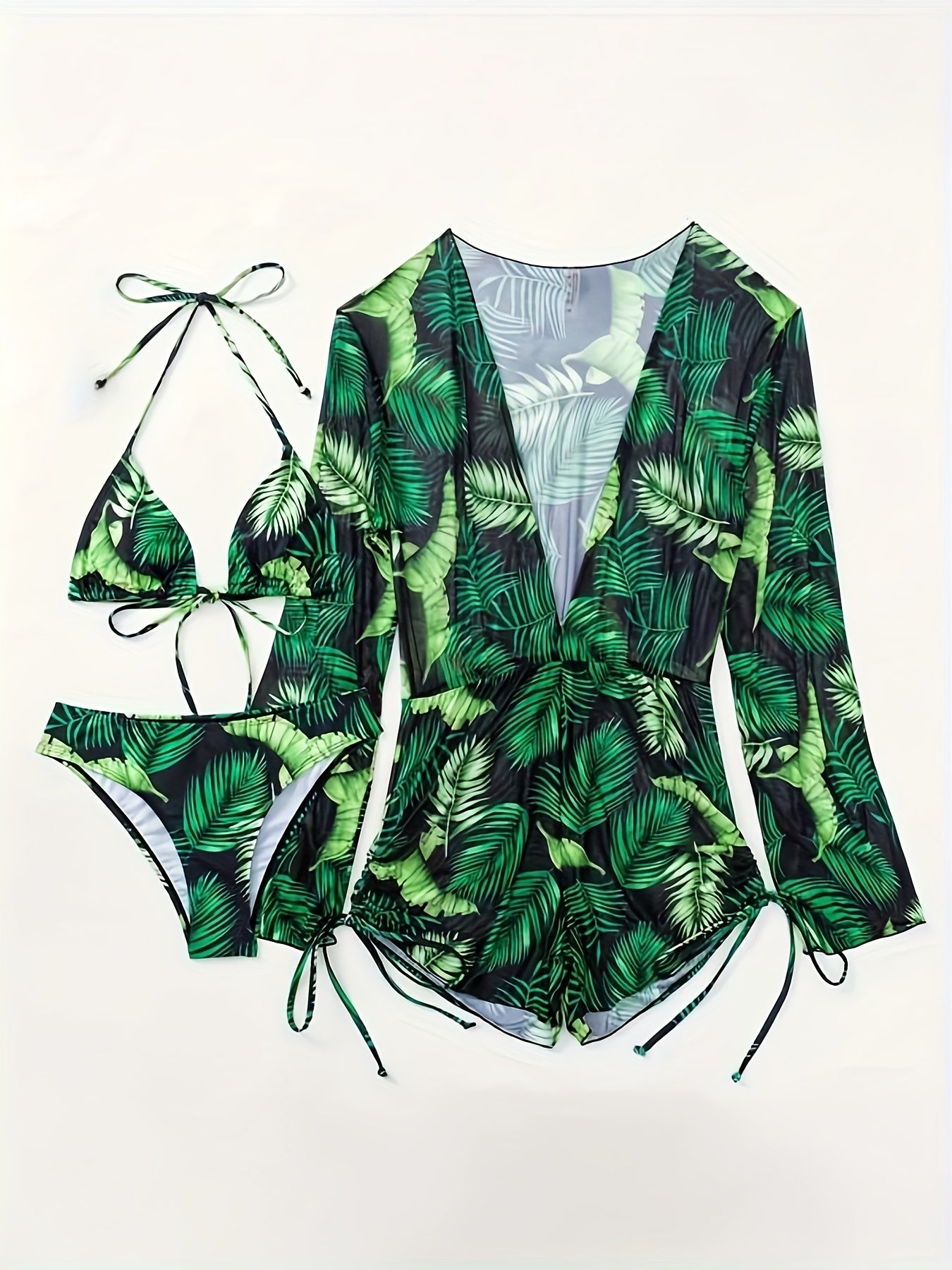 Leaf Print 3-Piece Bikini Set