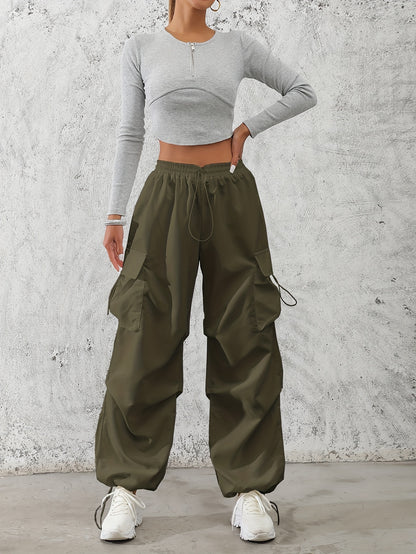 Solid Color Drawstring Baggy Cargo Pants