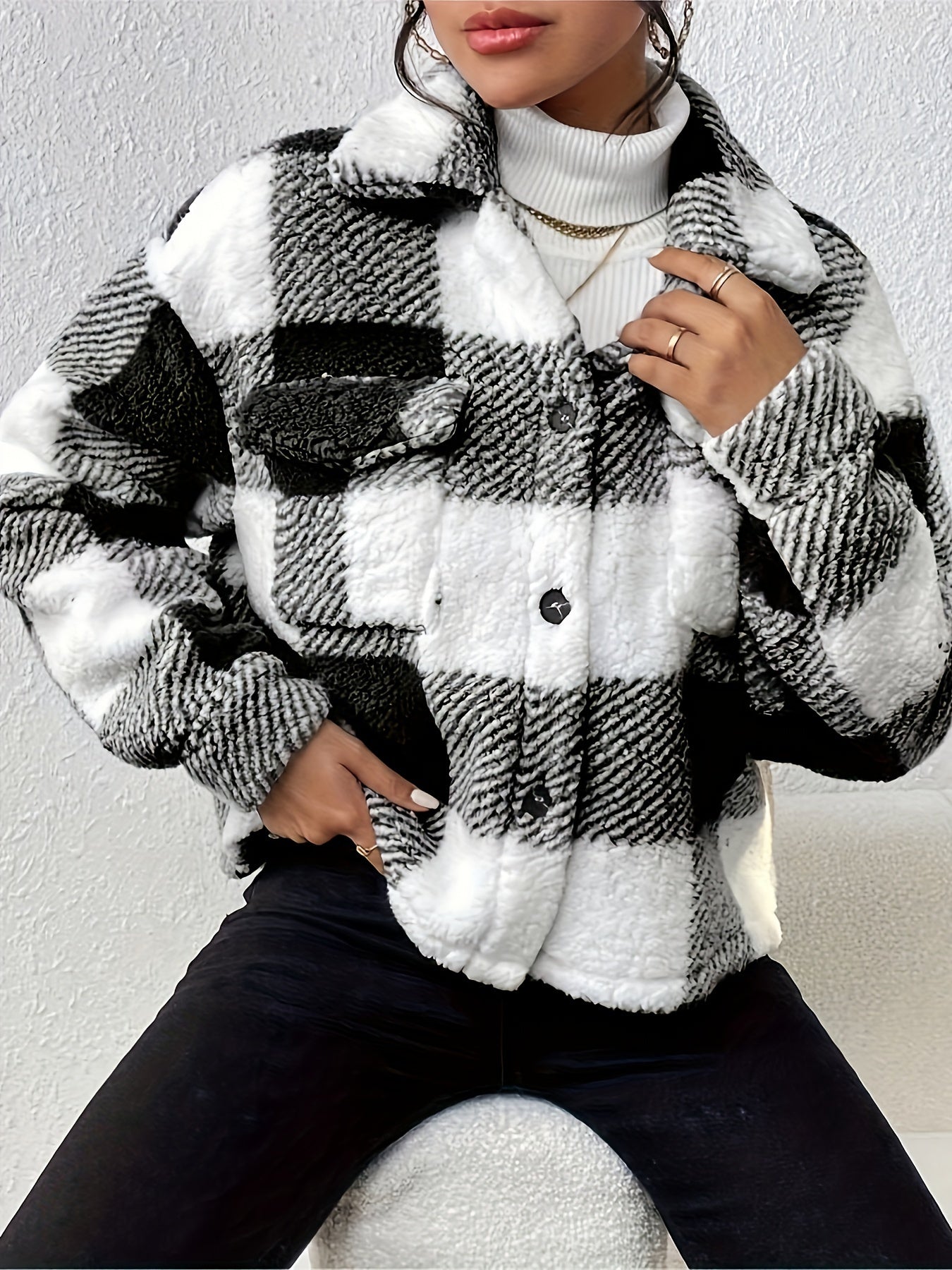 Plaid Button Front Teddy Coat