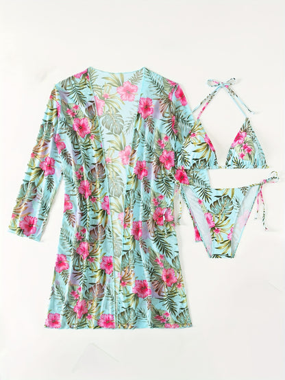 Chic Tropical Floral & Leaf Print Bikini Set