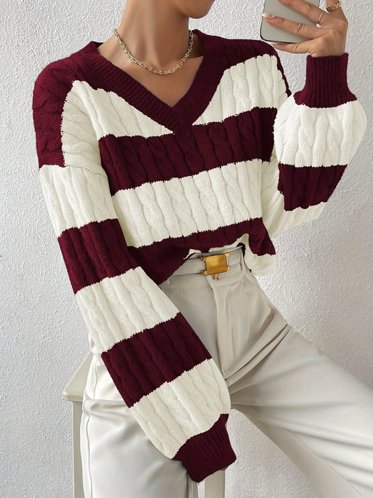 Cable Knit Color Block V-Neck Sweater