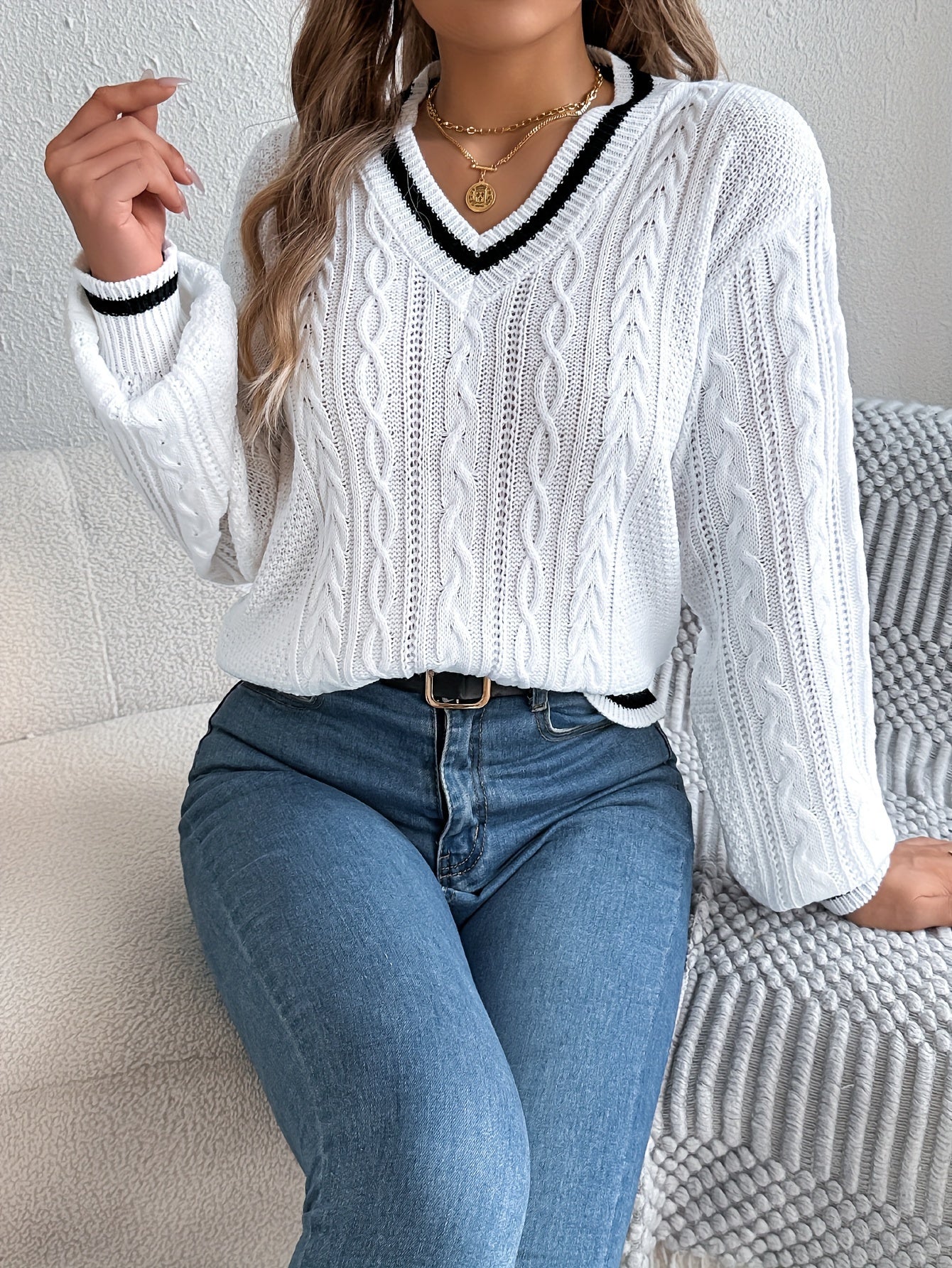 Acrylic V-Neck Cable Knit Sweater