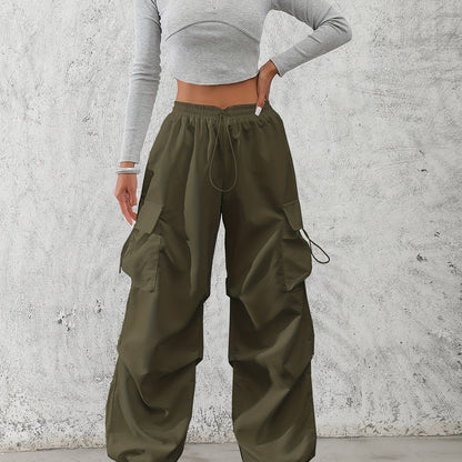 Solid Color Drawstring Baggy Cargo Pants