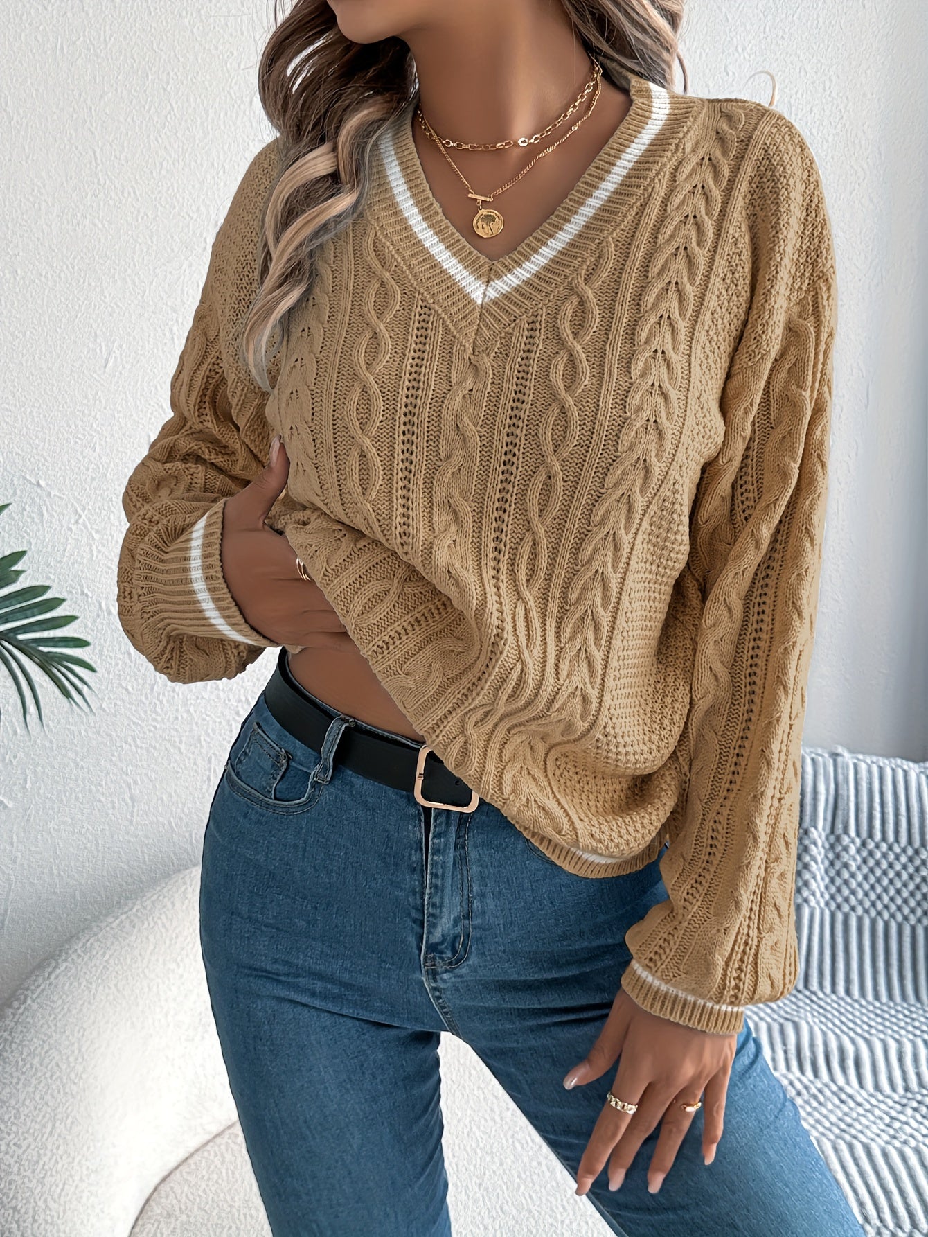 Acrylic V-Neck Cable Knit Sweater