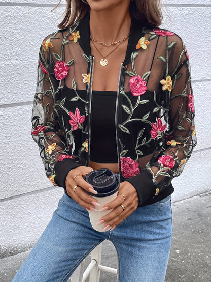 Floral Embroidered Full Zipper Jacket