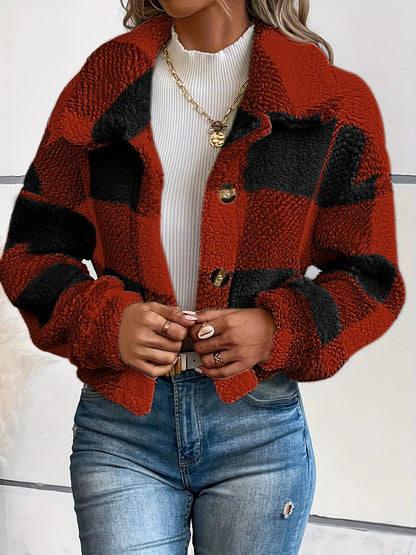 Plaid Pattern Button Front Teddy Coat