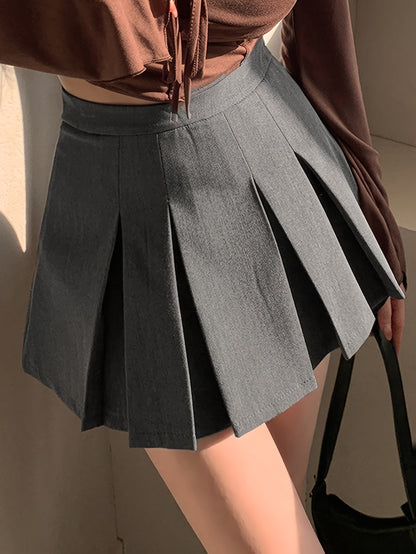 Casual Preppy Style Solid Color Pleated Skirt