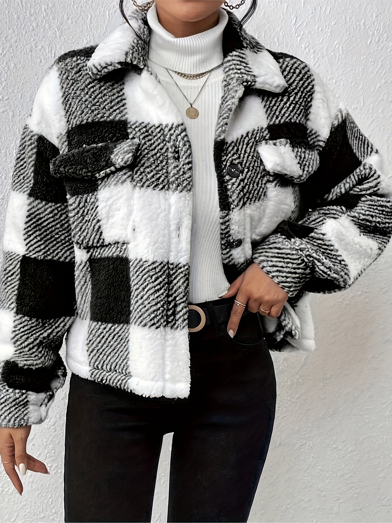 Plaid Button Front Teddy Coat