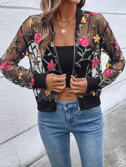 Floral Embroidered Full Zipper Jacket