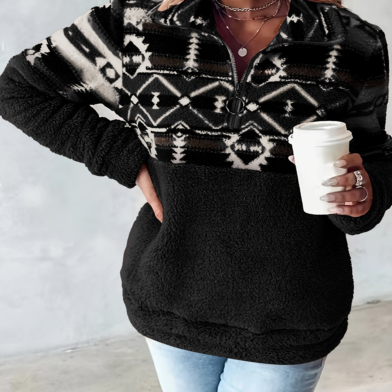 Geo Pattern Half Zipper Teddy Sweatshirt