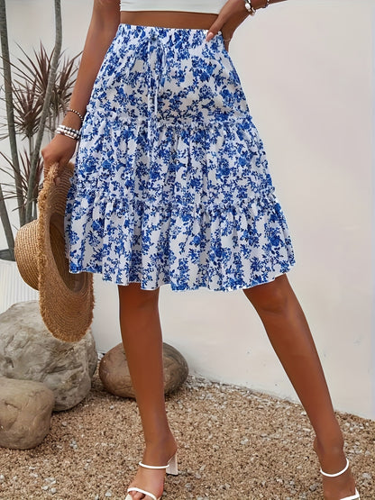 Vacation Style Floral Print Tiered Skirt