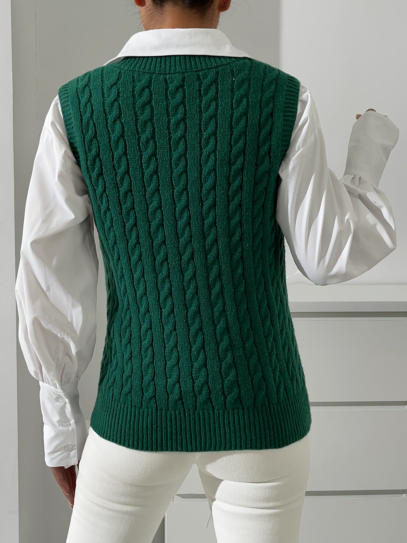 Cable Knit Ribbed V Neck Vest