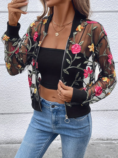 Floral Embroidered Full Zipper Jacket