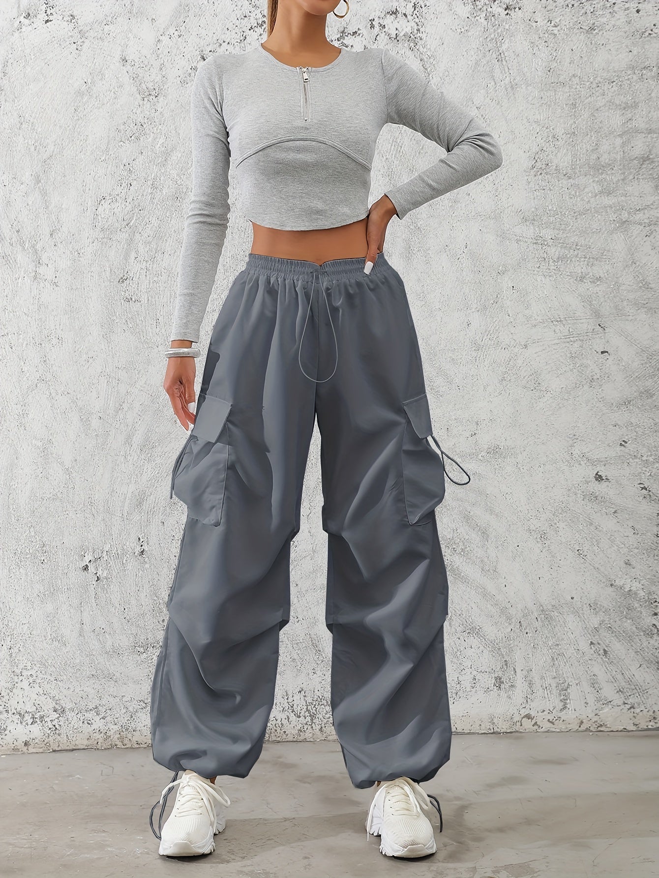 Solid Color Drawstring Baggy Cargo Pants