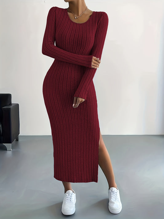 Elegant Maroon Ribbed Knit Midi Dress