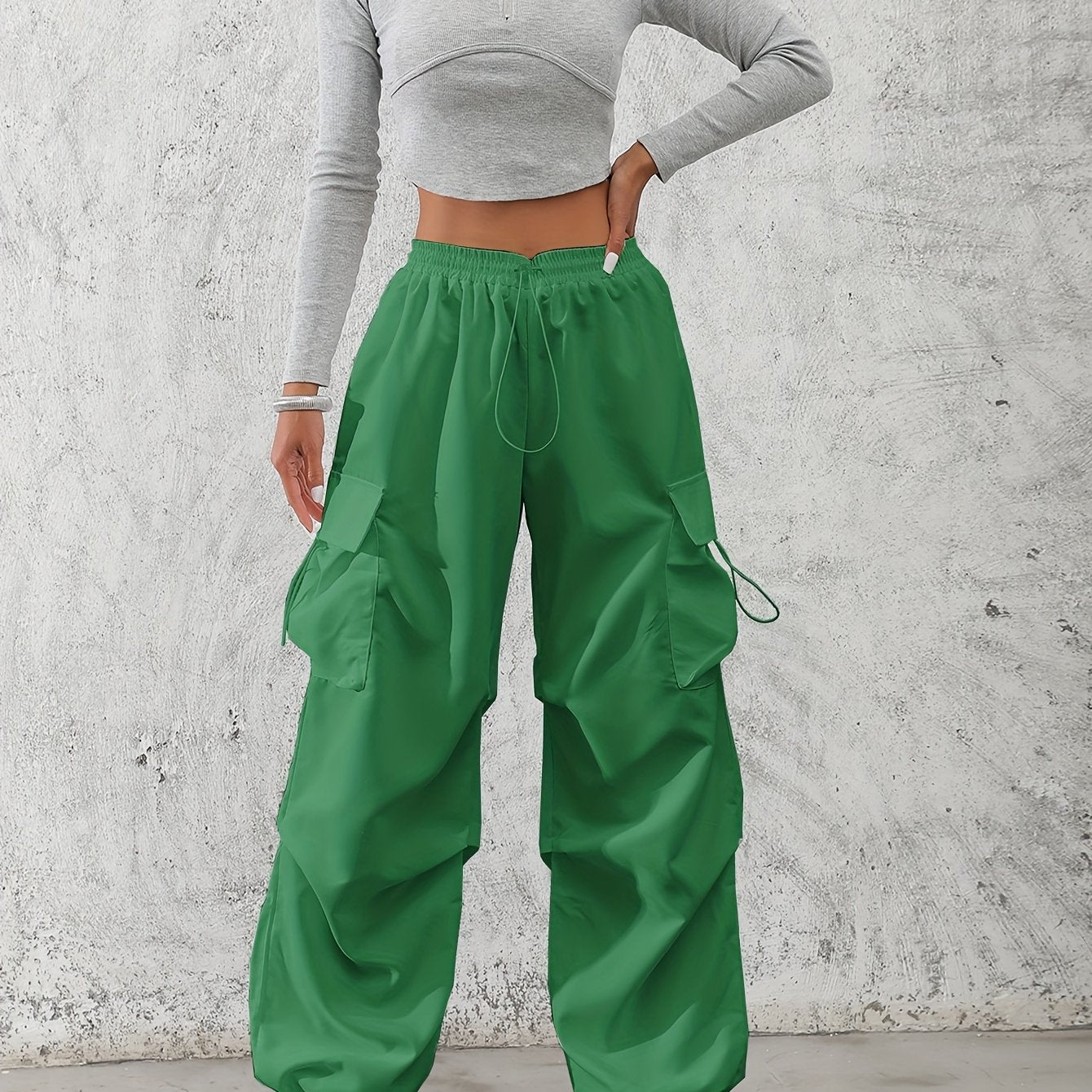 Solid Color Drawstring Baggy Cargo Pants