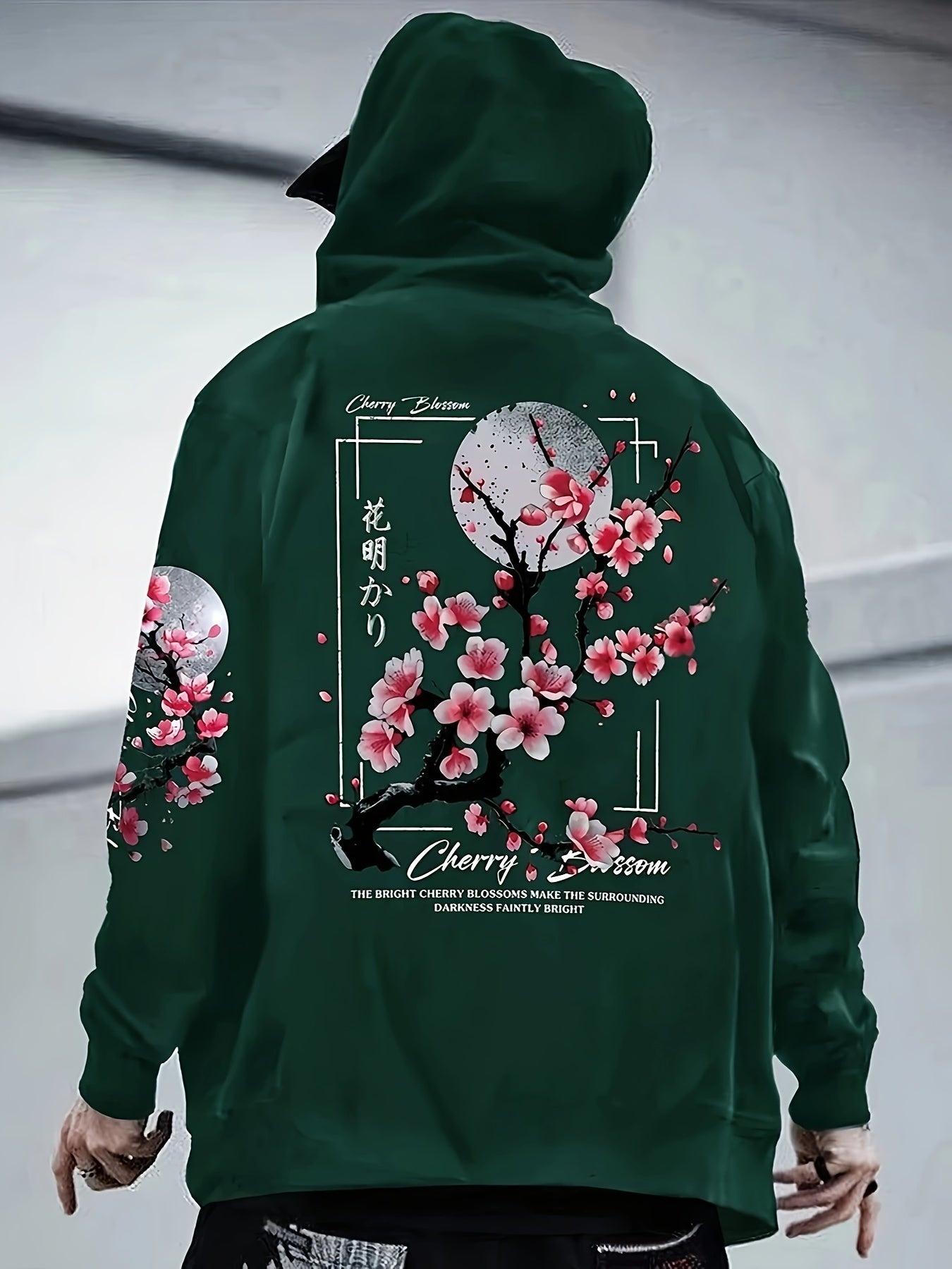 Cherry Blossom Print Fleece-Lined Hoodie