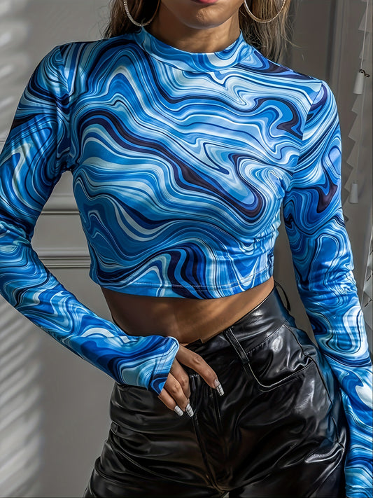 Marble Print Mock Neck Crop Tops