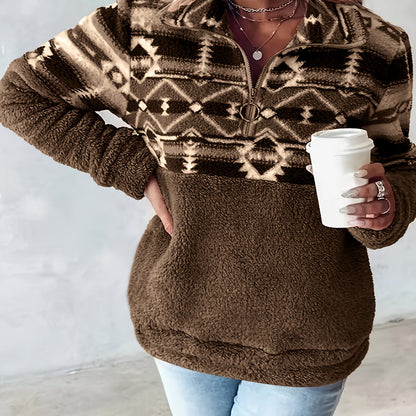 Geo Pattern Half Zipper Teddy Sweatshirt