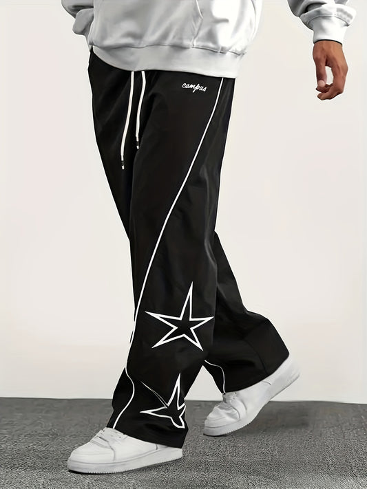 Casual Striped & Star Pattern Drawstring Wide-Leg Pants