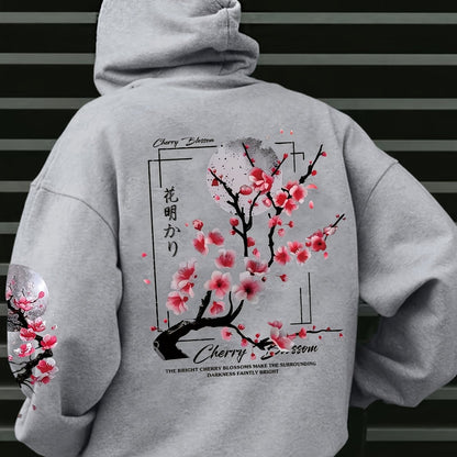 Cherry Blossom Print Fleece-Lined Hoodie