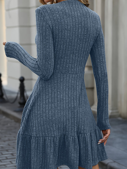 Ruffle Hem Ribbed Long Sleeve Dress