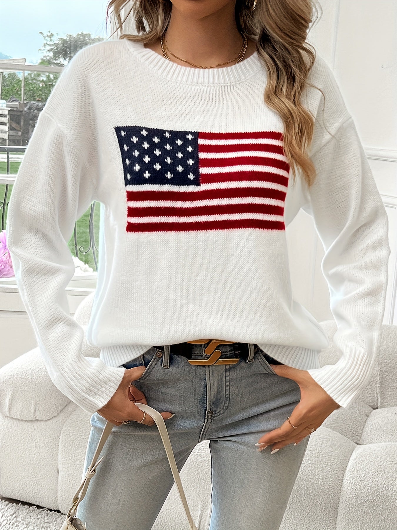 American Flag Pattern Crew Neck Sweater